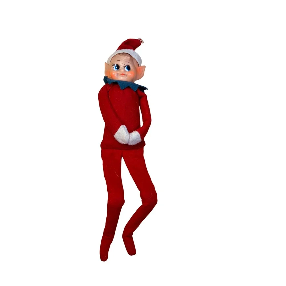 Vintage Christmas Elf Knee Hugger 1960s Red Felt Rubber Face Kitsch Decor